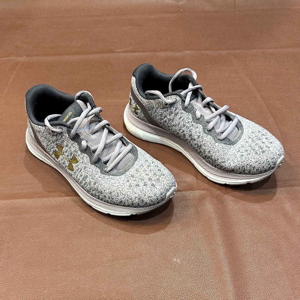 Under Armour Women’s Charged Impulse Knit Grey Knit Sneakers with Gold Logo